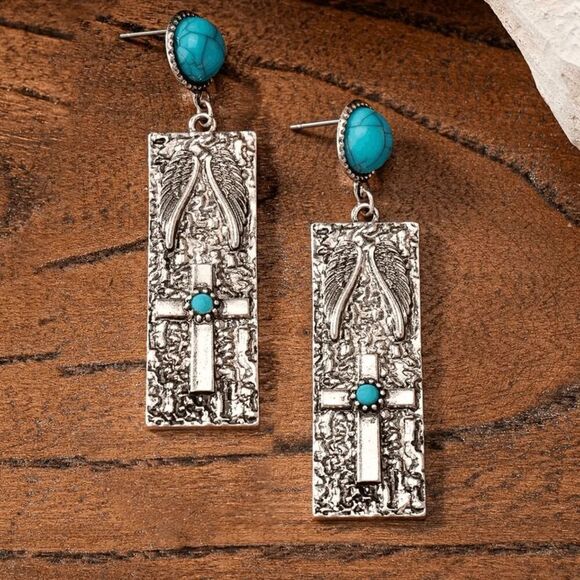 Western Boho Turquoise Cross Dangle Earrings - Picture 3 of 5